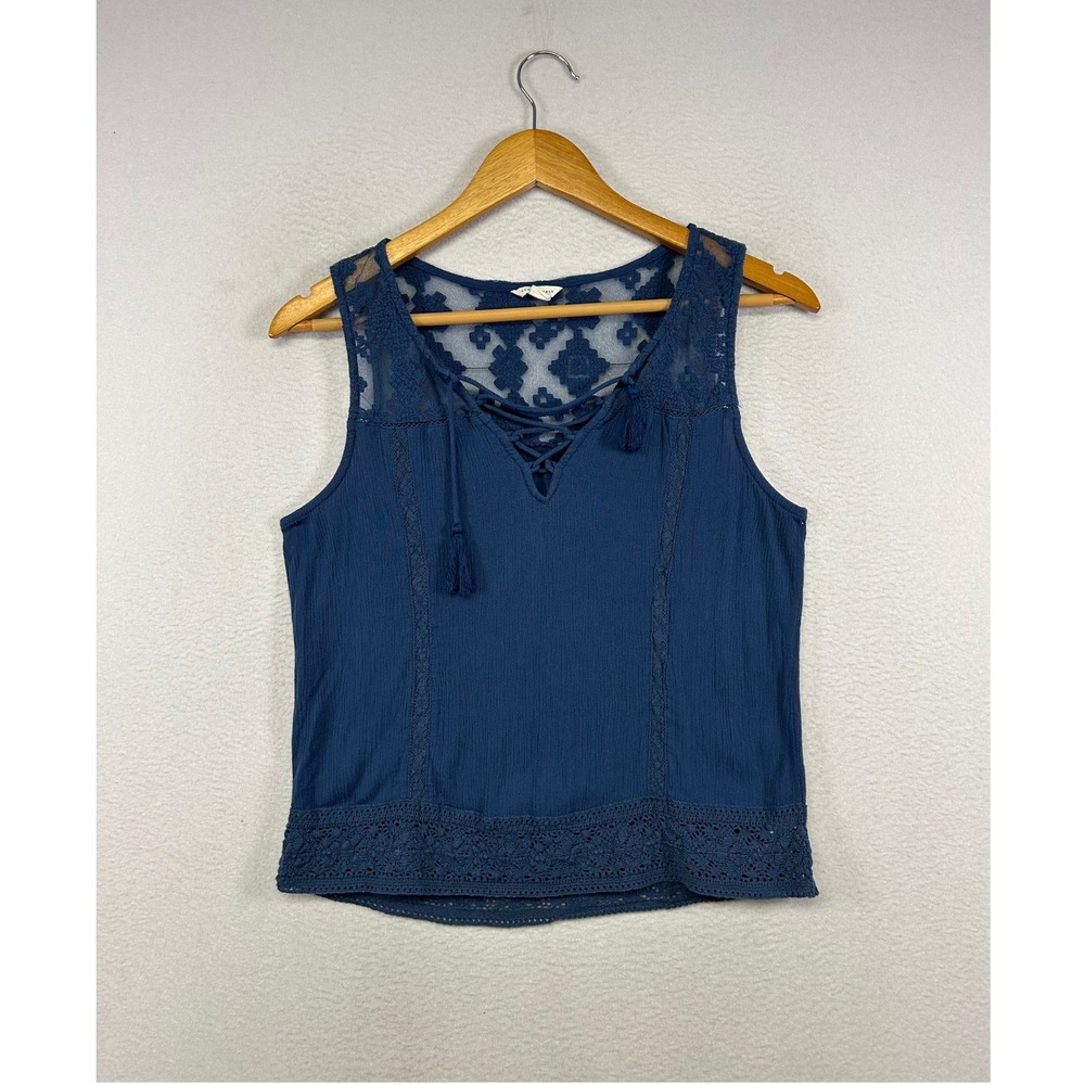 Boho Peasant Aeropostale Women XS Navy Blue Lace-Up Tassel Mesh Back Crochet Top